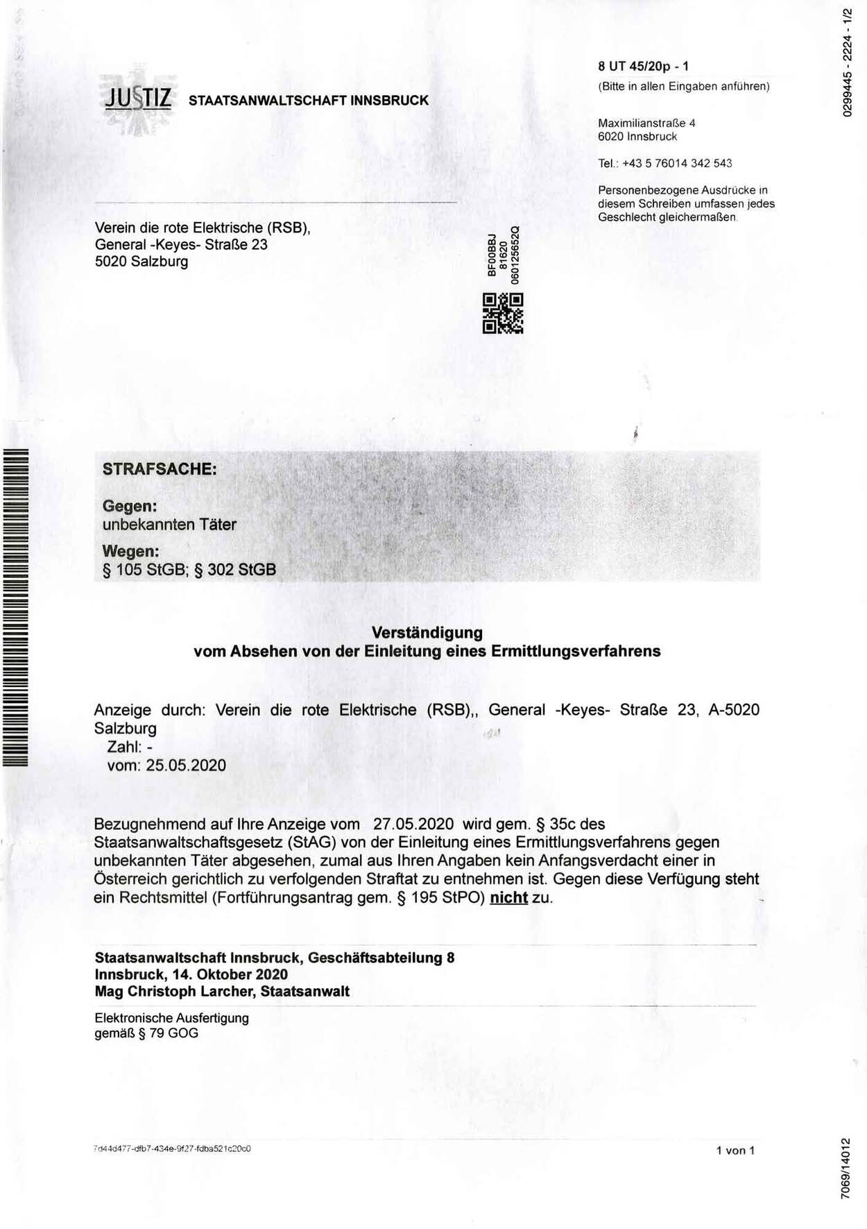 Brief Staatsanwaltschaft Innsbruck - Absage an Strafverfolgung