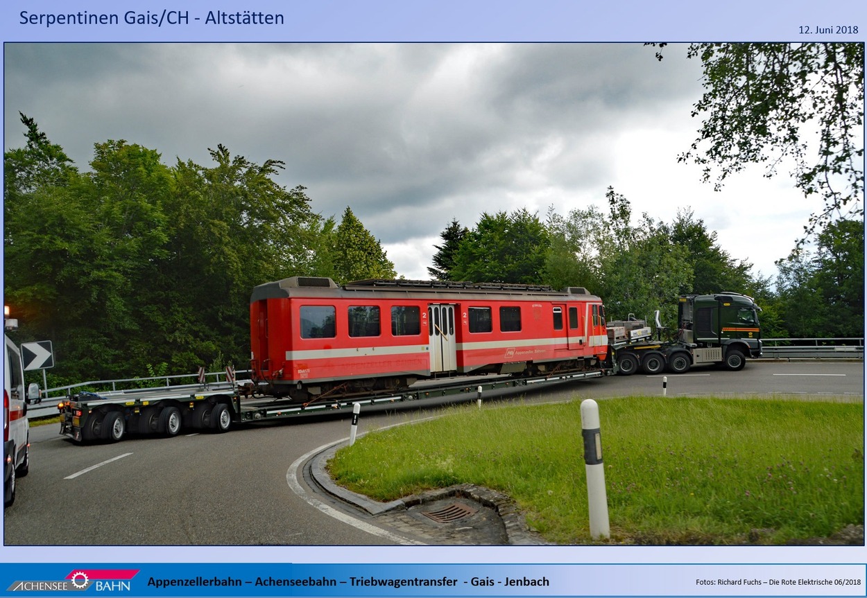 Appenzellerbahn Abtransport der Triebwagen BDeh-4-4 vom Bahnhof Gais Richtung Jenbach