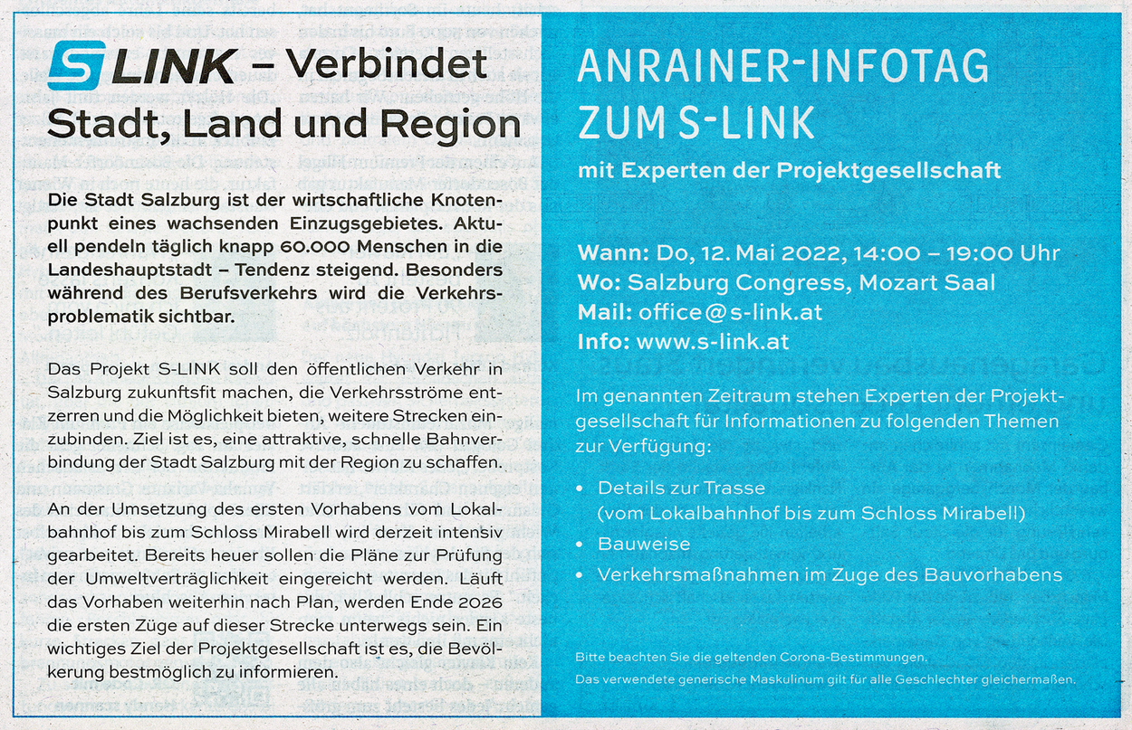 Inserat Anrainer-Infotag S-Link 12. Mai 2022